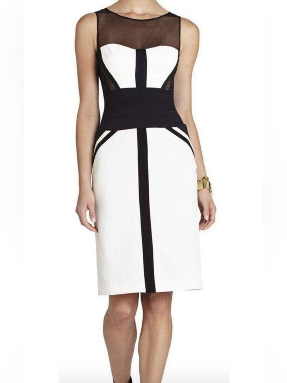 Cache Y2K Black & White Textured Mesh Neck Knee Length Cocktail Pencil Dress